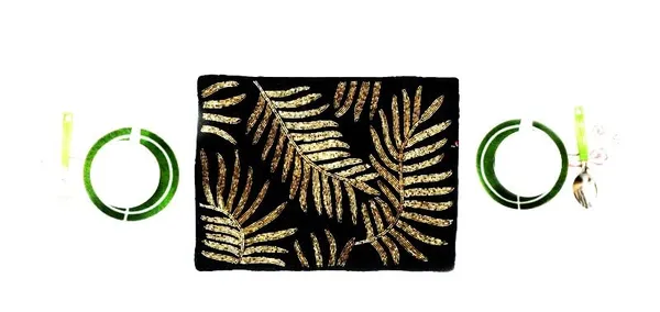Black_Poleyster_Placemats,_Beaded_Design,14_Inch_Black_Golden_Emb._Reactangle_Pattern,_Best_For_Bed-Side_Table/Center_Table,_Dining_Table/Shelves