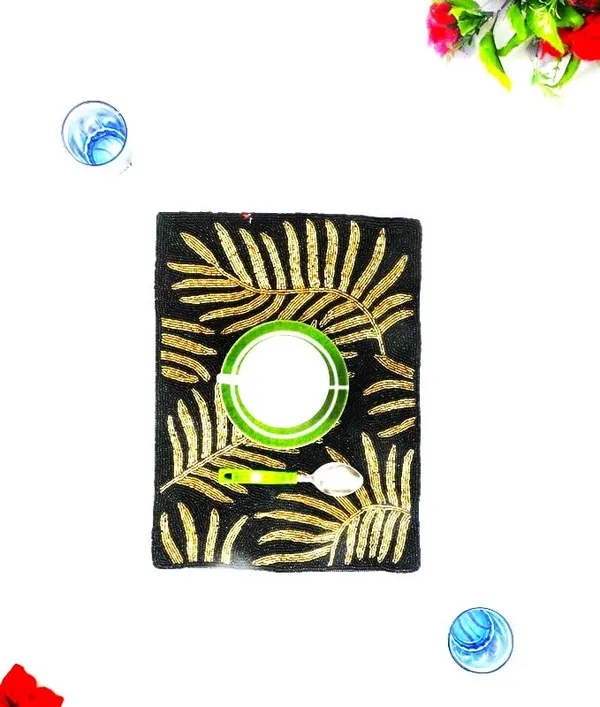 Black_Poleyster_Placemats,_Beaded_Design,14_Inch_Black_Golden_Emb._Reactangle_Pattern,_Best_For_Bed-Side_Table/Center_Table,_Dining_Table/Shelves