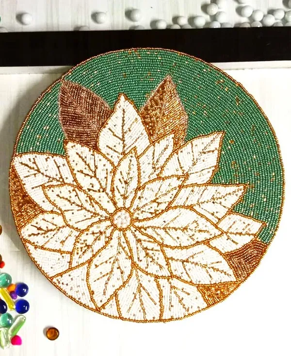 Firozi_Poleyster_Placemats,_Beaded_Design,14_Inch_Sea_Green_Base_Floral_Pattern,_Best_For_Bed-Side_Table/Center_Table,_Dining_Table/Shelves