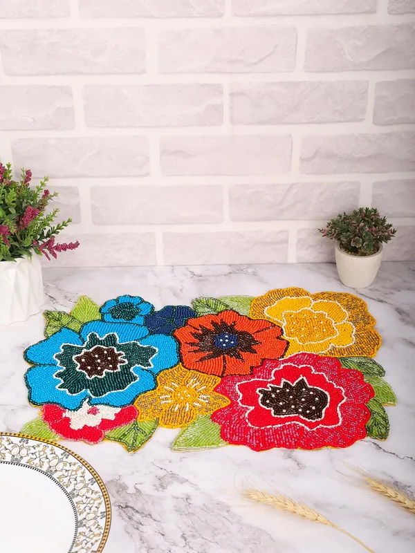Firozi_Poleyster_Placemats,_Beaded_Design,14_Inch_Gulmohar_Floral_Pattern,_Best_For_Bed-Side_Table/Center_Table,_Dining_Table/Shelves_Pack_Of_2