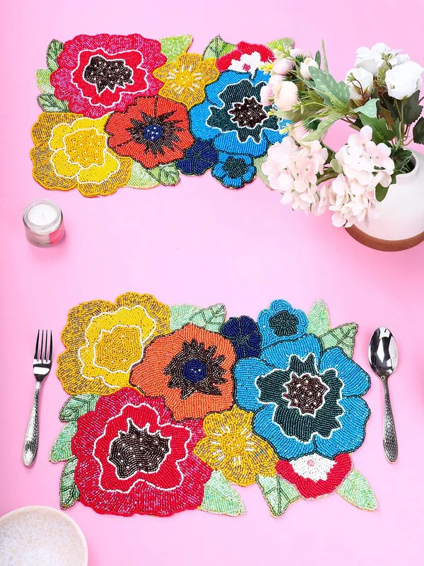Firozi_Poleyster_Placemats,_Beaded_Design,14_Inch_Gulmohar_Floral_Pattern,_Best_For_Bed-Side_Table/Center_Table,_Dining_Table/Shelves_Pack_Of_2