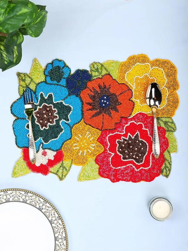 Firozi_Poleyster_Placemats,_Beaded_Design,14_Inch_Gulmohar_Floral_Pattern,_Best_For_Bed-Side_Table/Center_Table,_Dining_Table/Shelves_Pack_Of_2