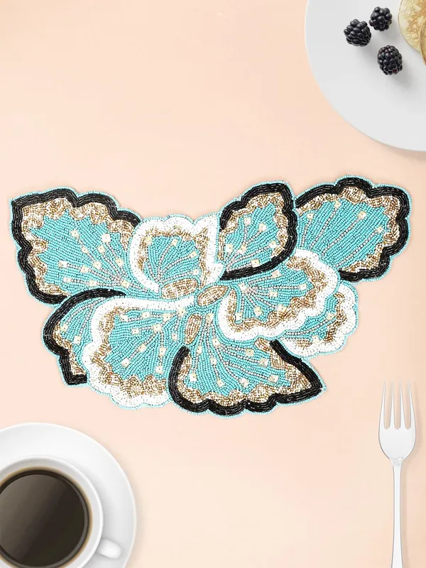 Firozi_Poleyster_Placemats,_Beaded_Design,14_Inch_Turquise_Butterfly_Pattern,_Best_For_Bed-Side_Table/Center_Table,_Dining_Table/Shelves