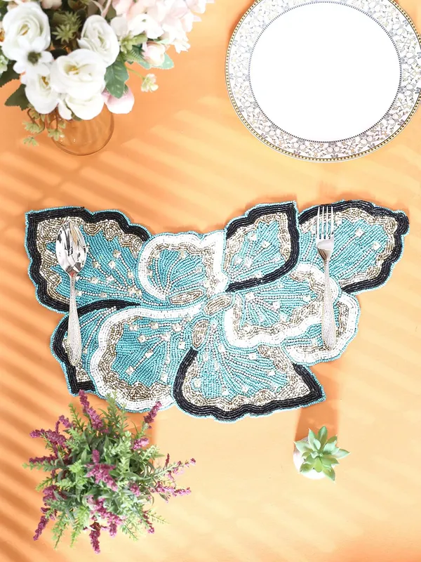Firozi_Poleyster_Placemats,_Beaded_Design,14_Inch_Turquise_Butterfly_Pattern,_Best_For_Bed-Side_Table/Center_Table,_Dining_Table/Shelves