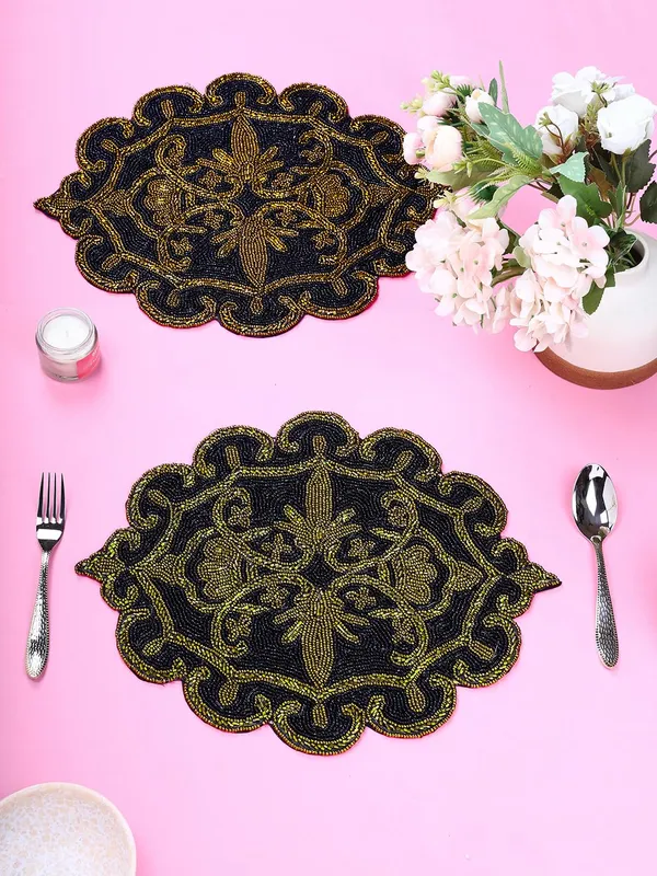 Firozi_Poleyster_Placemats,_Beaded_Design,14_Inch_Gulmohar_Floral_Pattern,_Best_For_Bed-Side_Table/Center_Table,_Dining_Table/Shelves_Pack_Of_2