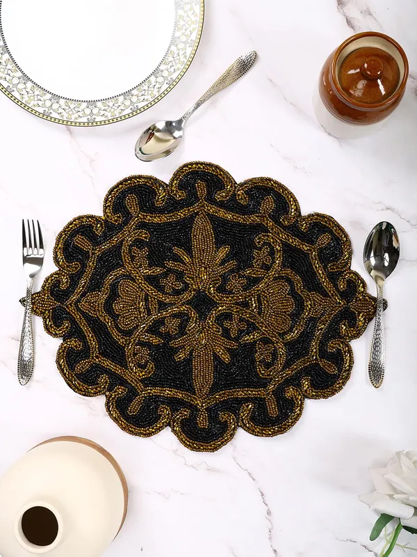 Firozi_Poleyster_Placemats,_Beaded_Design,14_Inch_Gulmohar_Floral_Pattern,_Best_For_Bed-Side_Table/Center_Table,_Dining_Table/Shelves_Pack_Of_2