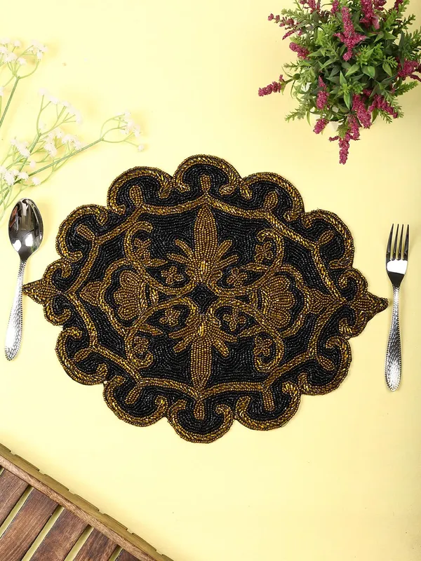 Firozi_Poleyster_Placemats,_Beaded_Design,14_Inch_Gulmohar_Floral_Pattern,_Best_For_Bed-Side_Table/Center_Table,_Dining_Table/Shelves_Pack_Of_2