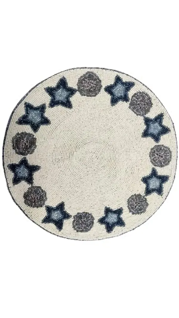 Firozi_Poleyster_Placemats,_Beaded_Design,14_Inch_Blue_Foral_White_Base_Round_Pattern,_Best_For_Bed-Side_Table/Center_Table,_Dining_Table/Shelves