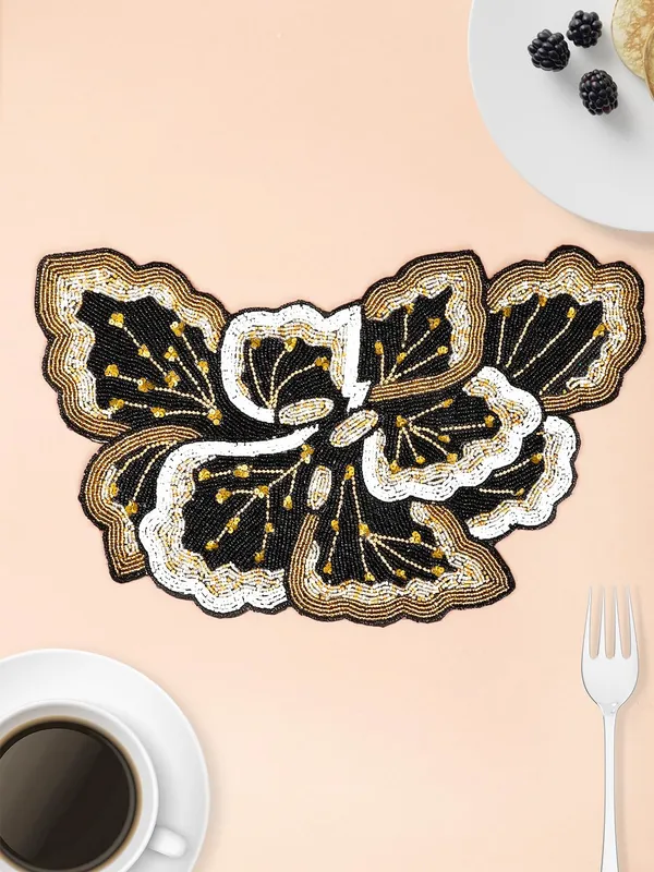 Firozi_Poleyster_Placemats,_Beaded_Design,14_Inch_Black_Golden_Emb._Pattern,_Best_For_Bed-Side_Table/Center_Table,_Dining_Table/Shelves