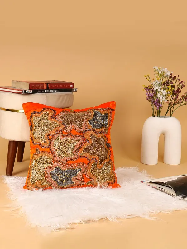 Orange_Cotton_Beaded_Embroidery_Pillow/Sofa_Cushion_Cover_For_Bedroom,_Living_Room,_Office_(16X16-Inches)_-_Set_Of_1_(40.64_Cm*40.64_Cm,_Orange)_Leaf_Pattern