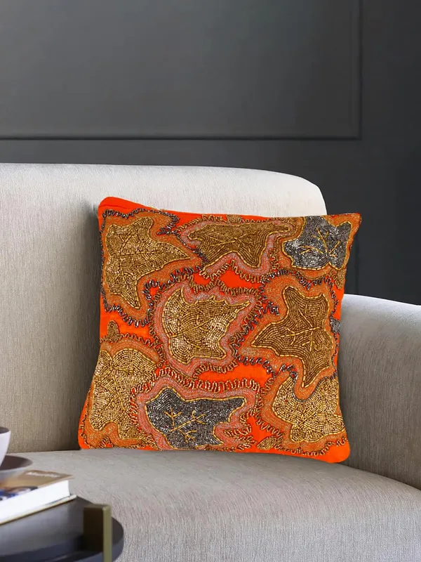 Orange_Cotton_Beaded_Embroidery_Pillow/Sofa_Cushion_Cover_For_Bedroom,_Living_Room,_Office_(16X16-Inches)_-_Set_Of_1_(40.64_Cm*40.64_Cm,_Orange)_Leaf_Pattern