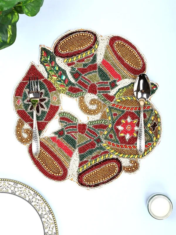 Multicolor_Poleyster_Placemats,_Beaded_Design,14_Inch_Chirstmas_Pattern,_Best_For_Bed-Side_Table/Center_Table,_Dining_Table/Shelves