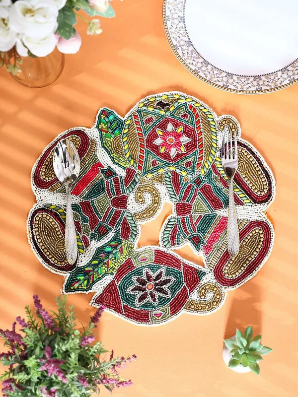 Multicolor_Poleyster_Placemats,_Beaded_Design,14_Inch_Chirstmas_Pattern,_Best_For_Bed-Side_Table/Center_Table,_Dining_Table/Shelves