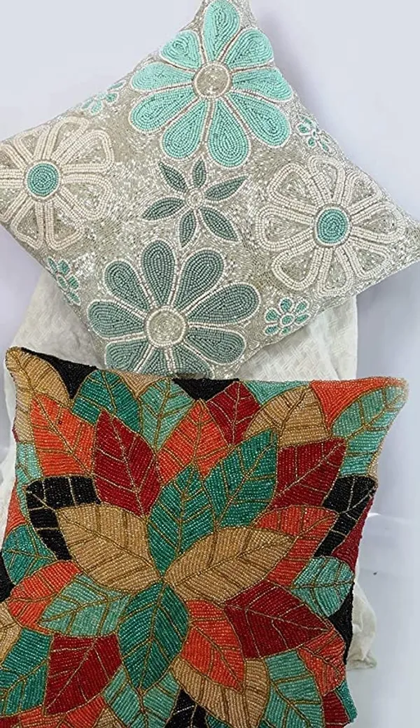 Multicolor_100%_Beaded_Cushion_Covers_With_Prints_16X16_(40X40_Cm)_Pillowcases_For_A_Cushion_Firoji_And_Multicolor_Throw_Pillow_Sham_Floral_Cushion_Covers_For_Sofa,_Couch,_And_Bed
