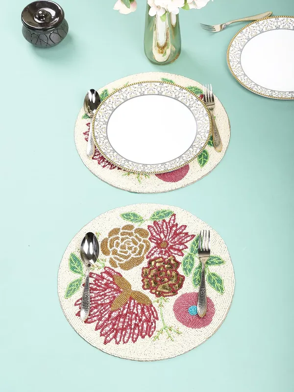 Firozi_Poleyster_Placemats,_Beaded_Design,14_Inch_Gulmohar_Floral_Pattern,_Best_For_Bed-Side_Table/Center_Table,_Dining_Table/Shelves_Pack_Of_2