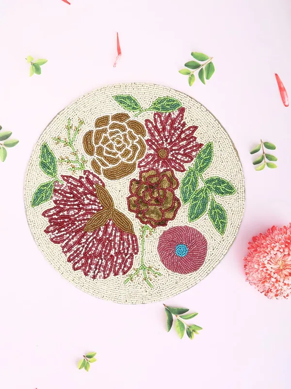 Firozi_Poleyster_Placemats,_Beaded_Design,14_Inch_Gulmohar_Floral_Pattern,_Best_For_Bed-Side_Table/Center_Table,_Dining_Table/Shelves_Pack_Of_2