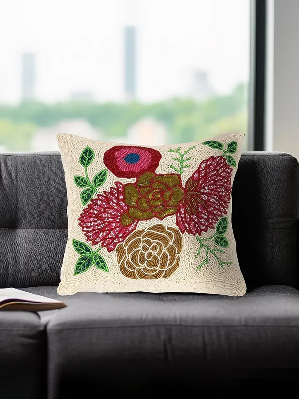 Multicolor_Printed_100%_Beaded_Cushion_Covers_Pillowcases_16X16_Inches_(40X40_Cms)_Throw_Pillow_Sham_Floral_Cushions_For_Sofa_Couch_Bed_Chair_Pack_Of_1_White_Base_Floral_Pattern
