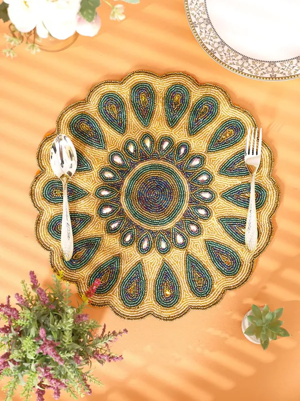 Golden_Poleyster_Placemats,_Beaded_Design,14_Inch_Multicolor_Peacock_Feather_Round_Pattern,_Best_For_Bed-Side_Table/Center_Table,_Dining_Table/Shelves