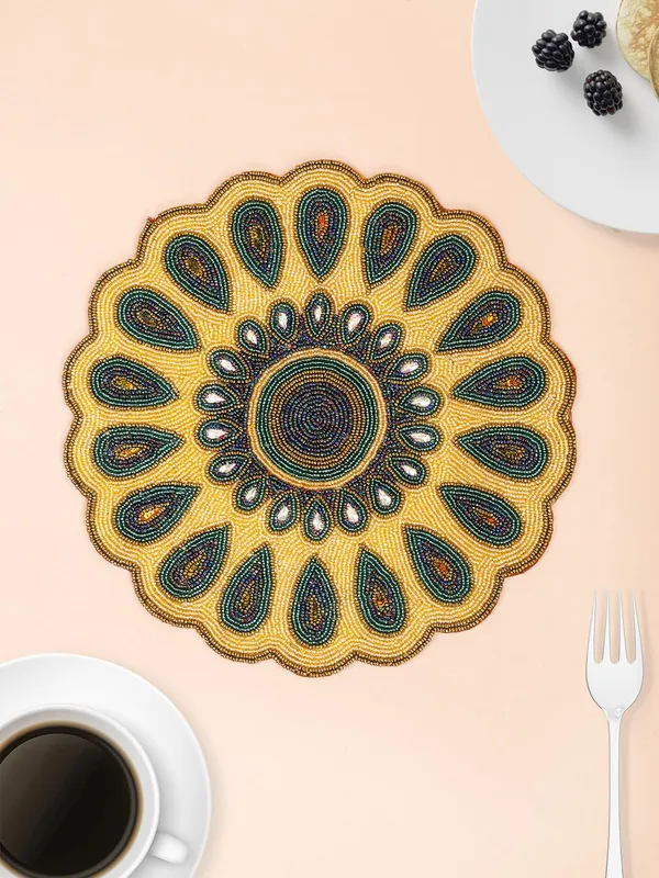 Golden_Poleyster_Placemats,_Beaded_Design,14_Inch_Multicolor_Peacock_Feather_Round_Pattern,_Best_For_Bed-Side_Table/Center_Table,_Dining_Table/Shelves