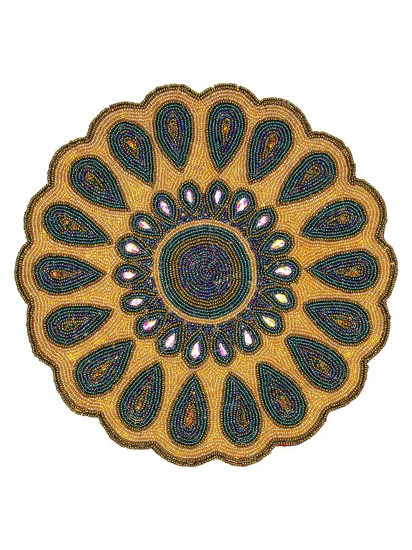 Golden_Poleyster_Placemats,_Beaded_Design,14_Inch_Multicolor_Peacock_Feather_Round_Pattern,_Best_For_Bed-Side_Table/Center_Table,_Dining_Table/Shelves
