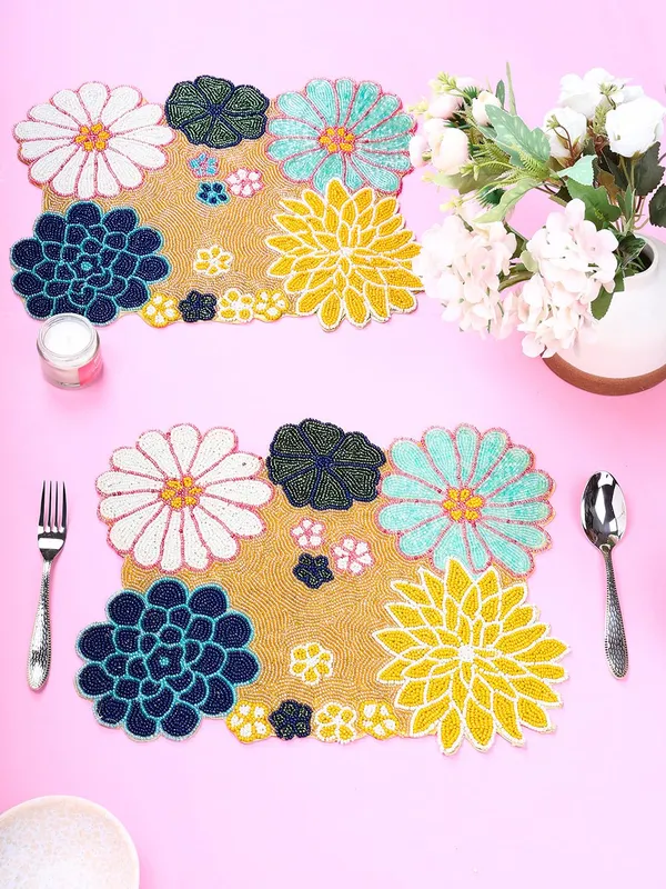 Firozi_Poleyster_Placemats,_Beaded_Design,14_Inch_Gulmohar_Floral_Pattern,_Best_For_Bed-Side_Table/Center_Table,_Dining_Table/Shelves_Pack_Of_2