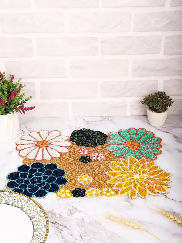 Firozi_Poleyster_Placemats,_Beaded_Design,14_Inch_Gulmohar_Floral_Pattern,_Best_For_Bed-Side_Table/Center_Table,_Dining_Table/Shelves_Pack_Of_2