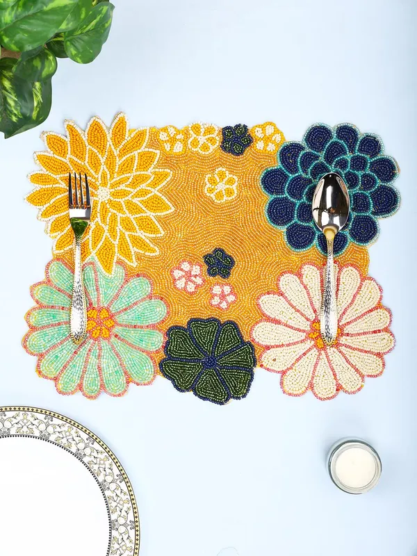 Firozi_Poleyster_Placemats,_Beaded_Design,14_Inch_Gulmohar_Floral_Pattern,_Best_For_Bed-Side_Table/Center_Table,_Dining_Table/Shelves_Pack_Of_2