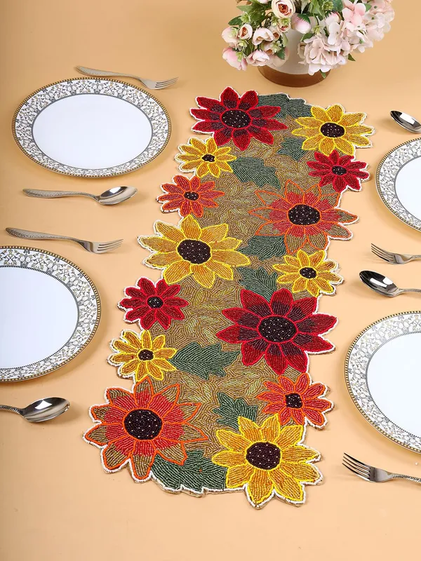 Light_Green_Premium_Handcrafted_Beautiful_Beaded_Dinning_Table_Runner_13"_X_36"_Inches_Multi_Coloured_Floral_Table_Runner_Fully_Beaded