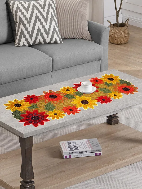 Light_Green_Premium_Handcrafted_Beautiful_Beaded_Dinning_Table_Runner_13"_X_36"_Inches_Multi_Coloured_Floral_Table_Runner_Fully_Beaded