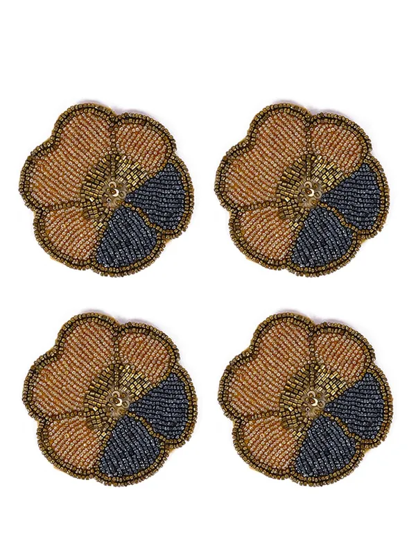 Brown_Beaded_Printed_Mutlticolor_Matte_Finish_Coasters_For_Cups_And_Dining_Table_|_Set_Of_4_|_Brown_Flower_Pattern