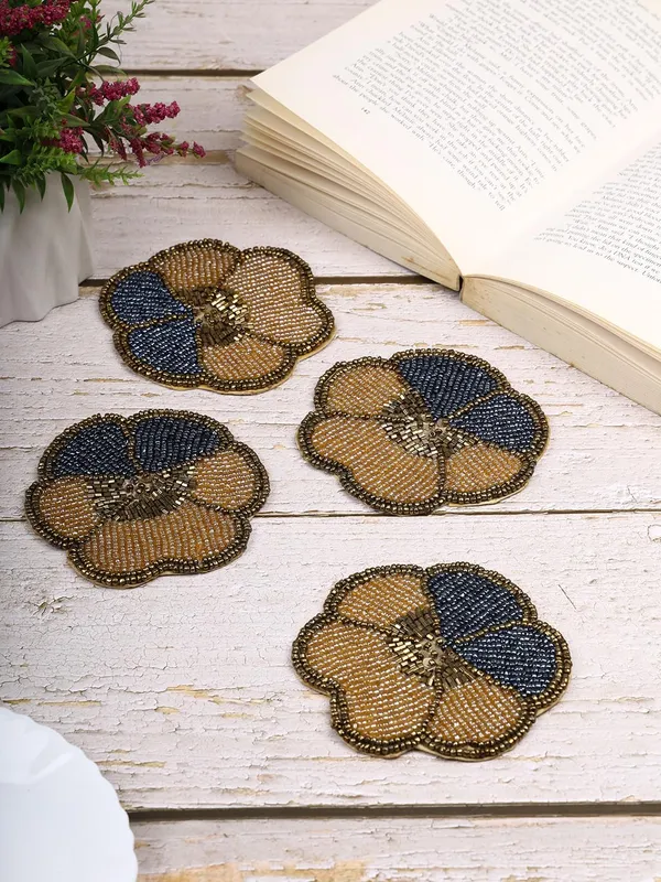 Brown_Beaded_Printed_Mutlticolor_Matte_Finish_Coasters_For_Cups_And_Dining_Table_|_Set_Of_4_|_Brown_Flower_Pattern