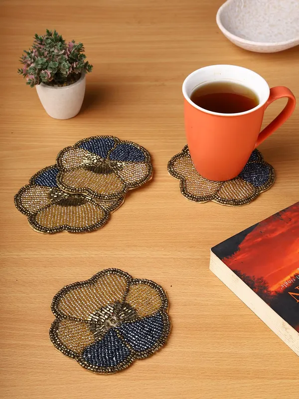 Brown_Beaded_Printed_Mutlticolor_Matte_Finish_Coasters_For_Cups_And_Dining_Table_|_Set_Of_4_|_Brown_Flower_Pattern