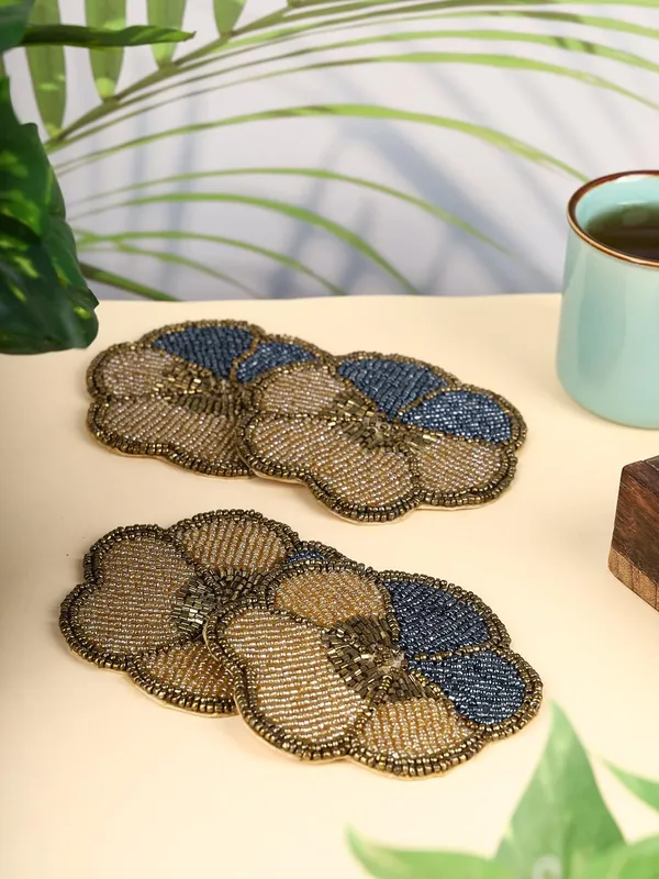 Brown_Beaded_Printed_Mutlticolor_Matte_Finish_Coasters_For_Cups_And_Dining_Table_|_Set_Of_4_|_Brown_Flower_Pattern
