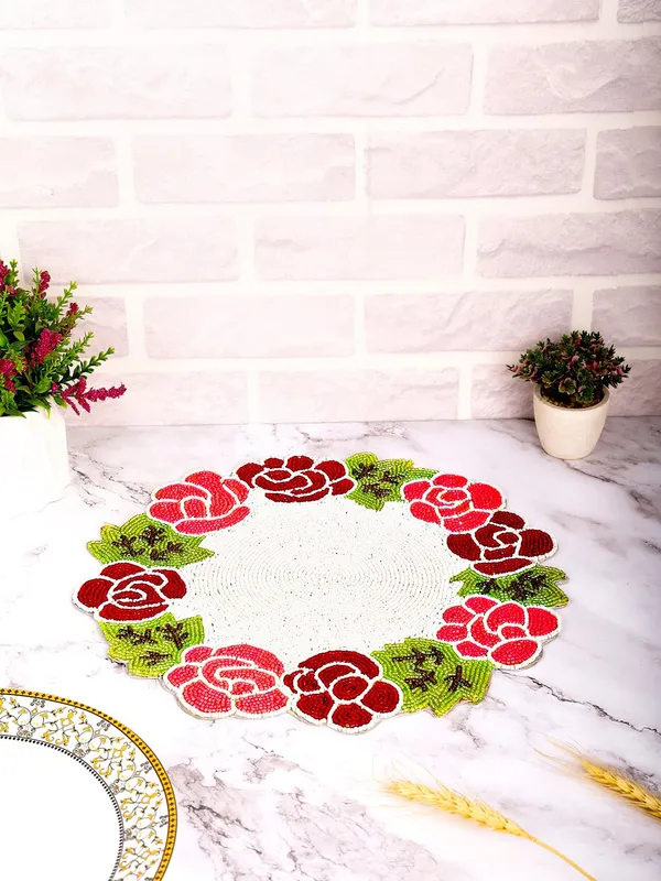 Multicolor_Poleyster_Placemats,_Beaded_Design,14_Inch_Rose_Border_Round_Pattern,_Best_For_Bed-Side_Table/Center_Table,_Dining_Table/Shelves