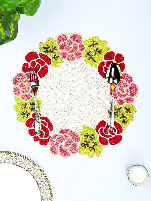 Multicolor_Poleyster_Placemats,_Beaded_Design,14_Inch_Rose_Border_Round_Pattern,_Best_For_Bed-Side_Table/Center_Table,_Dining_Table/Shelves