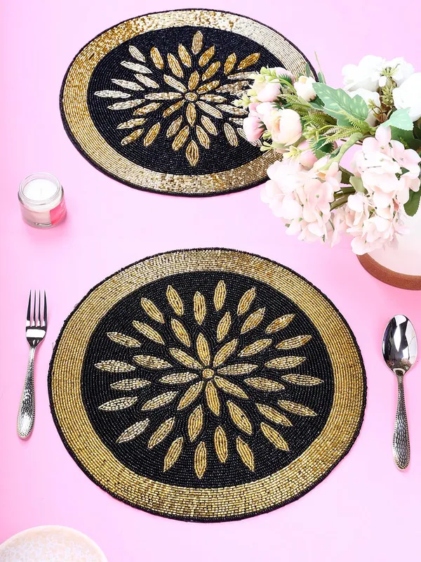 Firozi_Poleyster_Placemats,_Beaded_Design,14_Inch_Gulmohar_Floral_Pattern,_Best_For_Bed-Side_Table/Center_Table,_Dining_Table/Shelves_Pack_Of_2