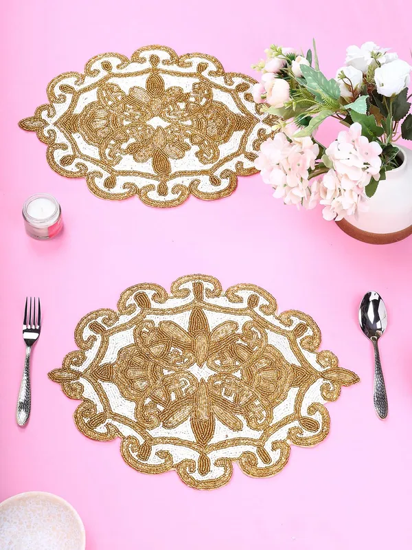 Firozi_Poleyster_Placemats,_Beaded_Design,14_Inch_Gulmohar_Floral_Pattern,_Best_For_Bed-Side_Table/Center_Table,_Dining_Table/Shelves_Pack_Of_2