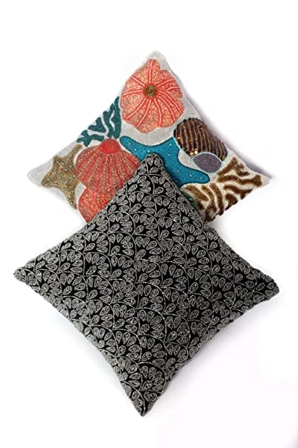 Multicolor_Printed_100%_Beaded_Cushion_Covers_Cushion_Case_Pillowcases_16X16_Inches_(40X40_Cms)_Throw_Pillow_Sham_Floral_Cushion_Covers_For_Sofa_Couch_Bed_Chair_Pack_Of_2_Black_Nd_Sea_Shell