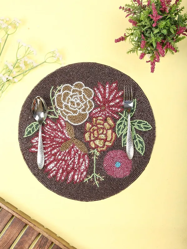 Firozi_Poleyster_Placemats,_Beaded_Design,14_Inch_Round_Coffee-Brown_Floral_Emb._Pattern,_Best_For_Bed-Side_Table/Center_Table,_Dining_Table/Shelves