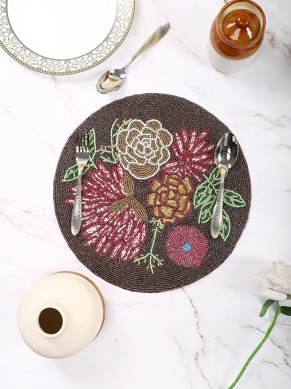 Firozi_Poleyster_Placemats,_Beaded_Design,14_Inch_Round_Coffee-Brown_Floral_Emb._Pattern,_Best_For_Bed-Side_Table/Center_Table,_Dining_Table/Shelves