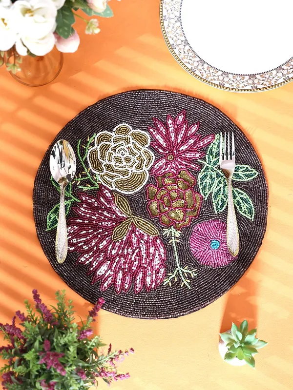 Firozi_Poleyster_Placemats,_Beaded_Design,14_Inch_Round_Coffee-Brown_Floral_Emb._Pattern,_Best_For_Bed-Side_Table/Center_Table,_Dining_Table/Shelves