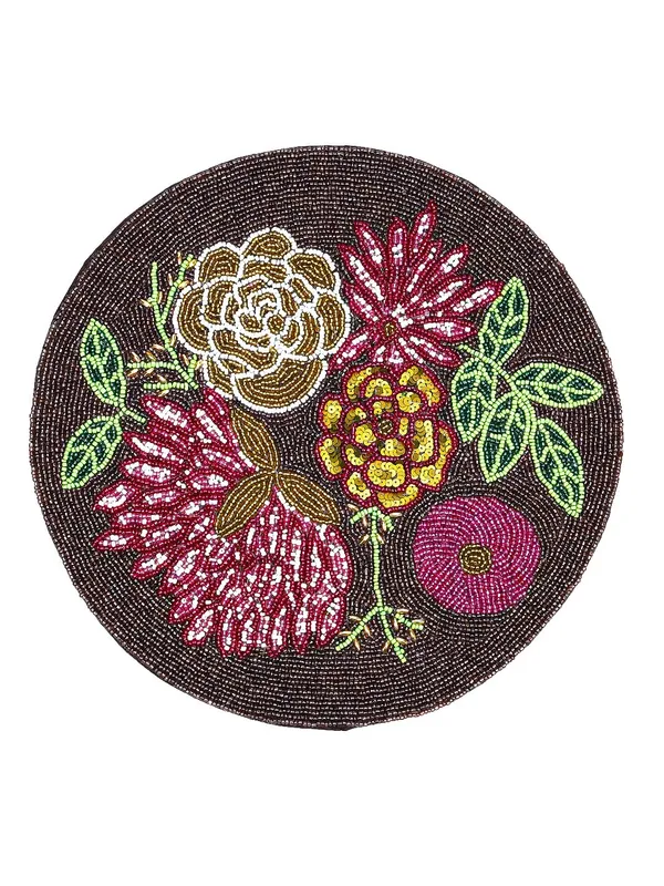 Firozi_Poleyster_Placemats,_Beaded_Design,14_Inch_Round_Coffee-Brown_Floral_Emb._Pattern,_Best_For_Bed-Side_Table/Center_Table,_Dining_Table/Shelves