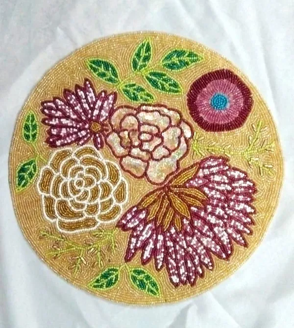 Firozi_Poleyster_Placemats,_Beaded_Design,14_Inch_Round_Mustard_Floral_Emb._Pattern,_Best_For_Bed-Side_Table/Center_Table,_Dining_Table/Shelves