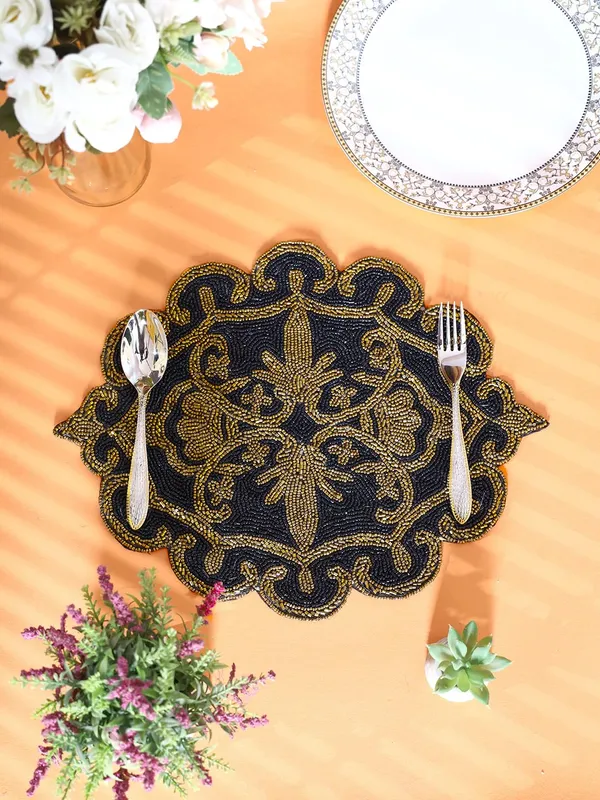 Black_Poleyster_Placemats,_Beaded_Design,14_Inch_Black_Emb._Ovaule_Pattern,_Best_For_Bed-Side_Table/Center_Table,_Dining_Table/Shelves