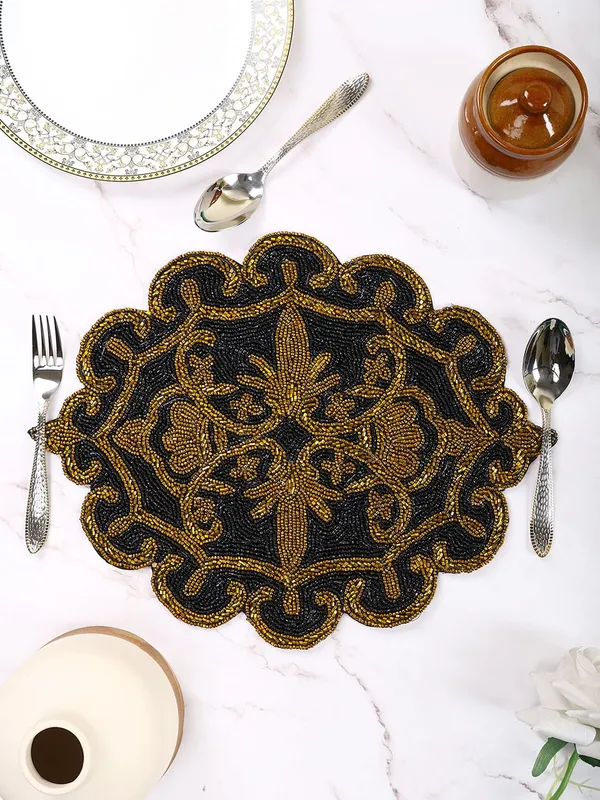 Black_Poleyster_Placemats,_Beaded_Design,14_Inch_Black_Emb._Ovaule_Pattern,_Best_For_Bed-Side_Table/Center_Table,_Dining_Table/Shelves