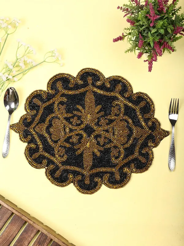 Black_Poleyster_Placemats,_Beaded_Design,14_Inch_Black_Emb._Ovaule_Pattern,_Best_For_Bed-Side_Table/Center_Table,_Dining_Table/Shelves