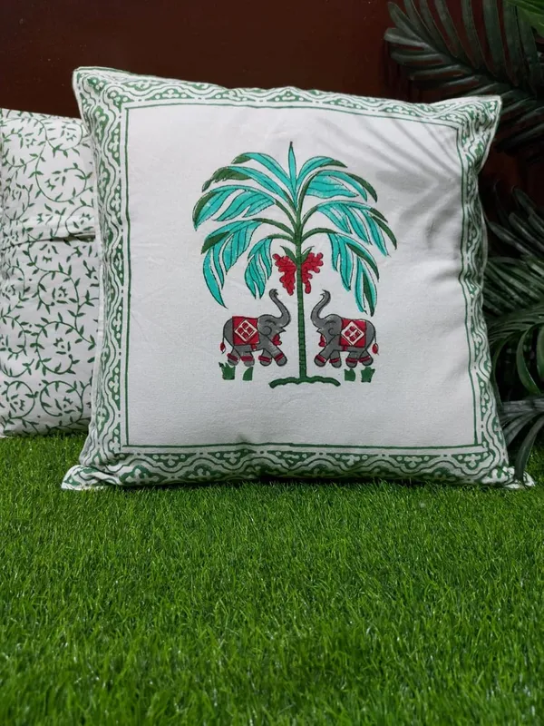 Multi_Cotton_Hand_Block_Print_Cushion_Nd_Pillow_Covers_(16_X16_Inch)_For_Sofa_Bedroom_Bedroom,_Living_Room,_Office_(Red_Flower)_Pack_Of_5_Light_Green_Palm_Elephant_Design
