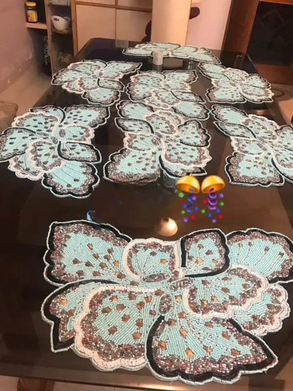 Multicolor_Best_Export_Quality_Jacquard_Cotton_Dining_Table_Mats_5_Pieces_With_Runner_-(Set_Of_5_,One_Runner_Nd_4_Placemats)_(Mats-_14"_X_12"_And_Table_Runner-_36"_X_13",)_Turquise