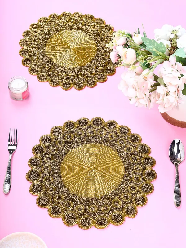 Firozi_Poleyster_Placemats,_Beaded_Design,14_Inch_Gulmohar_Floral_Pattern,_Best_For_Bed-Side_Table/Center_Table,_Dining_Table/Shelves_Pack_Of_2