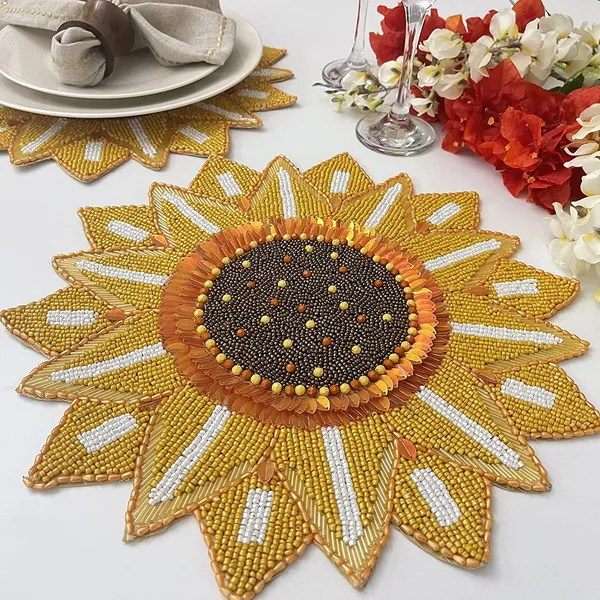 Yellow_Poleyster_Placemats,_Beaded_Design,14_Inch_Golden_Sun_Flower_Pattern,_Best_For_Bed-Side_Table/Center_Table,_Dining_Table/Shelves